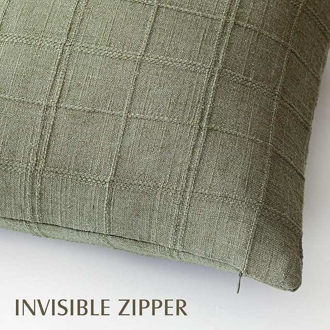 Foindtower Set of 2 Decorative Linen Check Throw Pillow Covers Neutral Farmhouse Vintage Cushion Covers Modern Boho Home Decor for Sofa Chair Couch Bedroom Living Room Outdoor,26×26 Inch,Sage Green