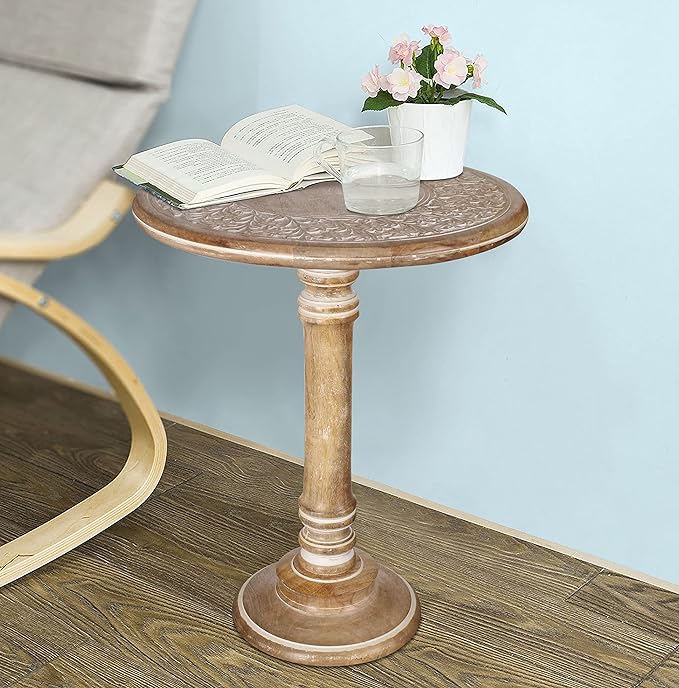 Lightnpro Carved Round End Table with Single Pillar - Handcrafted Accent Bedside Nightstand Side End Table for Living Room, Entryway, Vintage Desk for Books, Plants & Décor - 18x22 Inch - White Wash