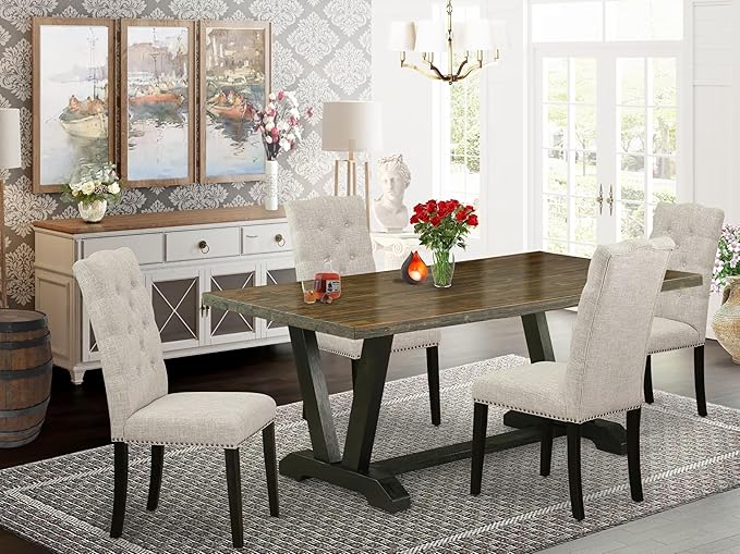 East West Furniture V677EL635-5 5 Piece Modern Dining Table Set Includes a Rectangle Wooden Table with V-Legs and 4 Doeskin Linen Fabric Upholstered Chairs, 40x72 Inch, Multi-Color