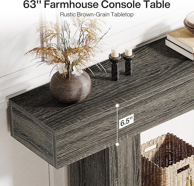 Tribesigns 63" Console Table, Farmhouse 2-Tier Entryway Table with U-Shaped Base, Narrow Long Wood Sofa Table Behind Couch Table for Living Room, Hallway, Foyer, Dark Gray