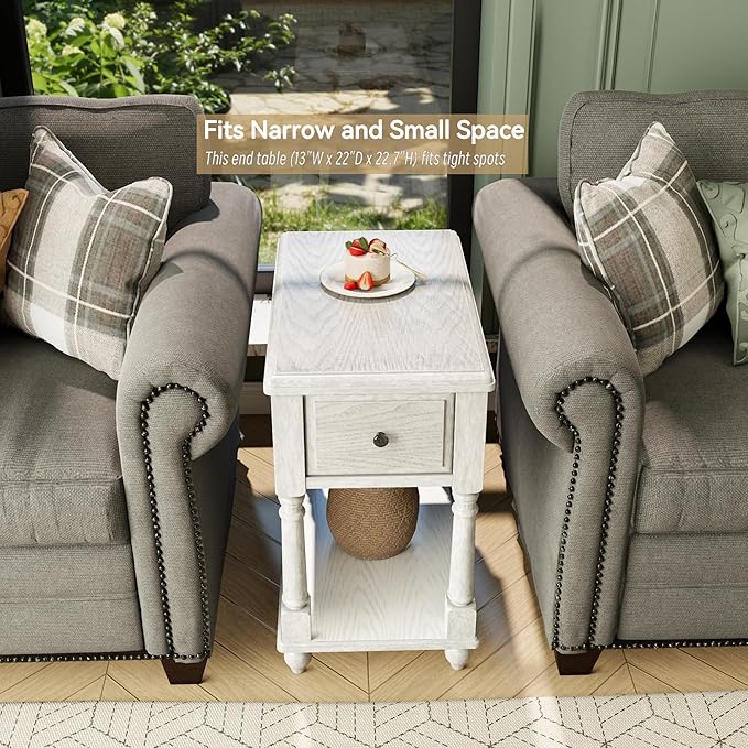 Narrow End Table with Drawer and Open Storage Shelf, Solid Wood Sofa Side Table for Living Room, Beside Table,Telephone Table for Small Spaces,No-Tools Assembly Vintage White BBJ004RW