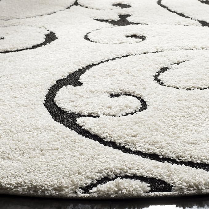 SAFAVIEH Florida Shag Collection 4' Round Ivory / Black SG455 Scrolling Vine Graceful Swirl Textured Non-Shedding Living Room Bedroom Dining Room Entryway Plush 1.2-inch Thick Area Rug