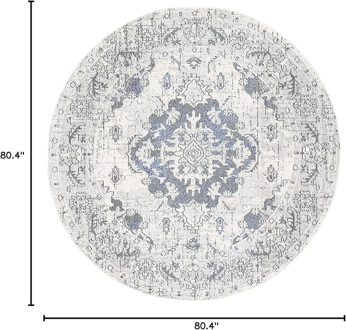 SAFAVIEH Monaco Collection Area Rug - 6'7" Round, Ivory & Grey, Boho Chic Medallion Distressed Design, Non-Shedding & Easy Care, Ideal for High Traffic Areas in Living Room, Bedroom (MNC243B)
