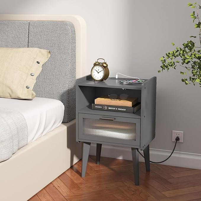 Nightstand with Charging Station, Bedside Tables Set of 2, End Table Side Table with 2 Tiers Storage Space, for Bedroom, Living Room, Grey MLBZ07ZEV-2