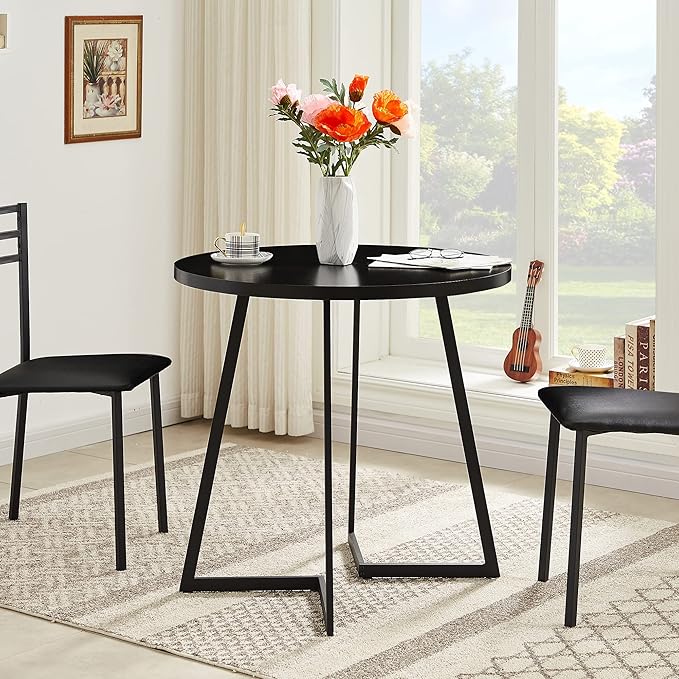 VECELO Round Dining Room Table with Wood Grain Tabletop and Steel Frame, for Kitchen, Living Room, Office, Conference, 2 to 4 Person, Black