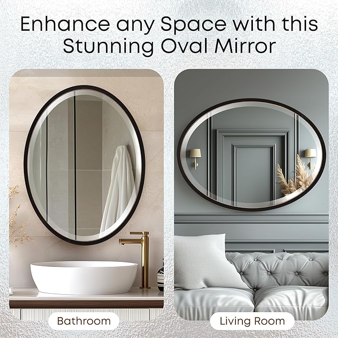 OVALCREST - Oval Wooden Beveled Wall Mirror for Home Decor, Bathroom, Vanity, Bedroom, Living Room, Hallway - London Style (Rubbed Black) 25.1 x 31.1