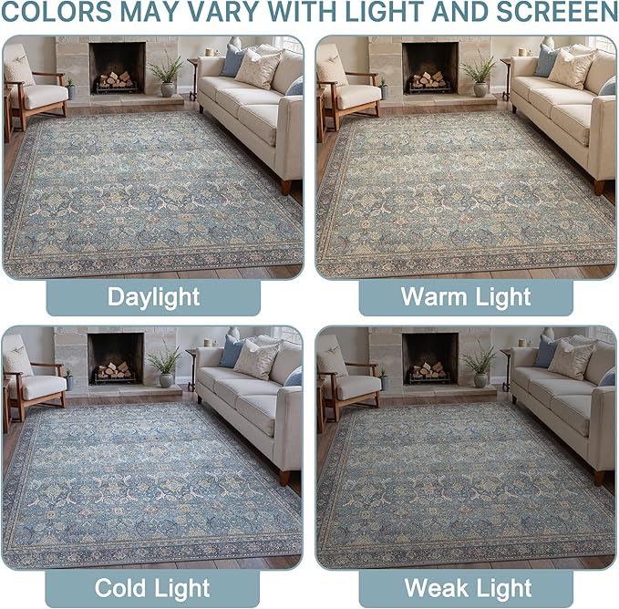 6X9 Area Rugs Machine Washable Rugs for Living Room, Vintage Boho Large Rugs for Bedroom Dining Room, Non Slip Indoor Soft Distressed Lightweight Thin Low Pile Carpet, Vintage Blue