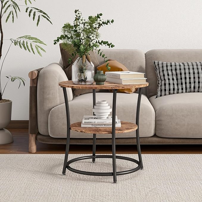 BOFENG Round Coffee Table Side Table,Round End Table with 2 Storage Shelves for Living Room, Bedroom,Small Space,Coffee Table Nightstand with Sturdy Metal Frame,Easy Assembly,Rustic Brown