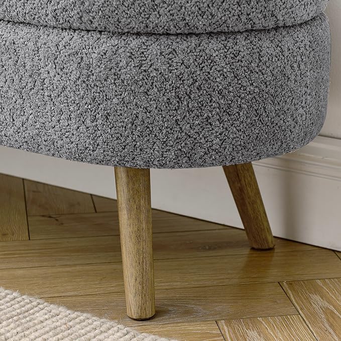 Oval Storage Bench 43.5" Linen Fabric Upholstered Entryway Bench with Solid Wood Legs Ottoman Bench Indoor Bench for Living Room/Bedroom/End of Bed/Entryway (New Grey)