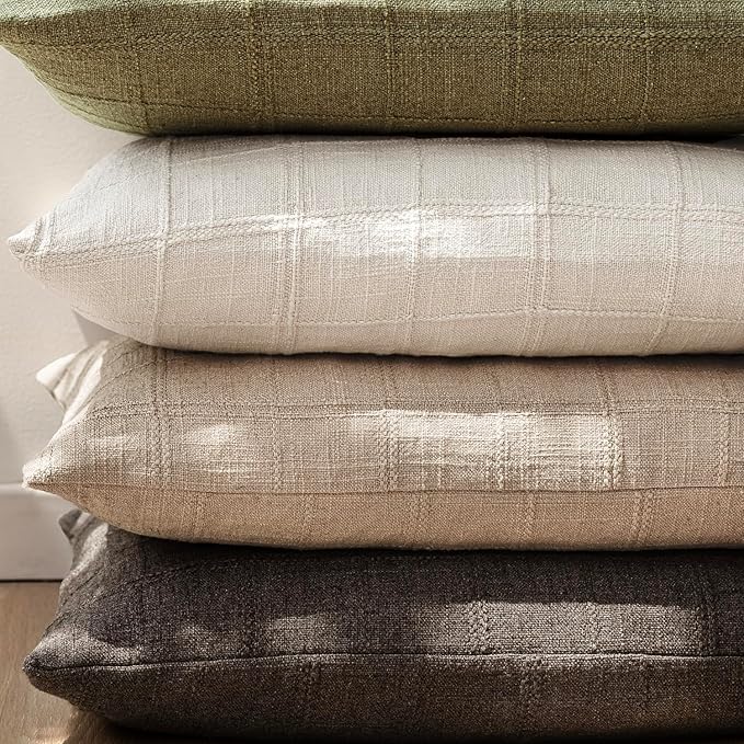 Foindtower Set of 2 Decorative Linen Check Throw Pillow Covers Neutral Farmhouse Vintage Cushion Covers Modern Coastal Boho Home Decor For Sofa Chair Couch Bedroom Living Room Outdoor,16×16 Inch,Camel