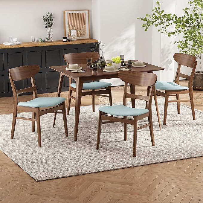 Set of 2 Solid Wood Dining Chairs, Fabric Upholstered Seat Mid-Century Modern Kitchen Furniture for Living Room, Mint+Walnut