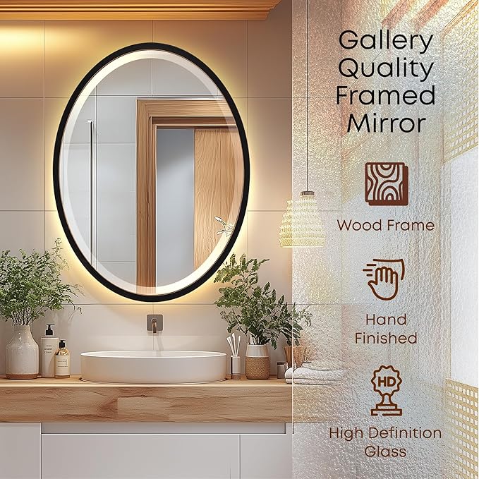 OVALCREST - Oval Wooden Beveled Wall Mirror for Home Decor, Bathroom, Vanity, Bedroom, Living Room, Hallway - London Style (Rubbed Black) 25.1 x 31.1