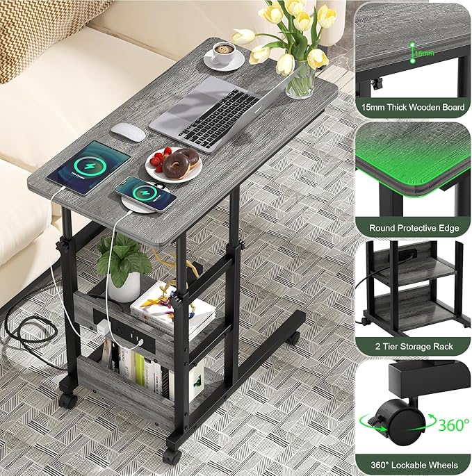 C Shaped End Table Height Adjustable - Couch Side Table with Charging Station, TV Tray with Wheels Slide Under Sofa for Wall Shelf with Hooks for Bedroom, Bathroom, Living Room, Grey