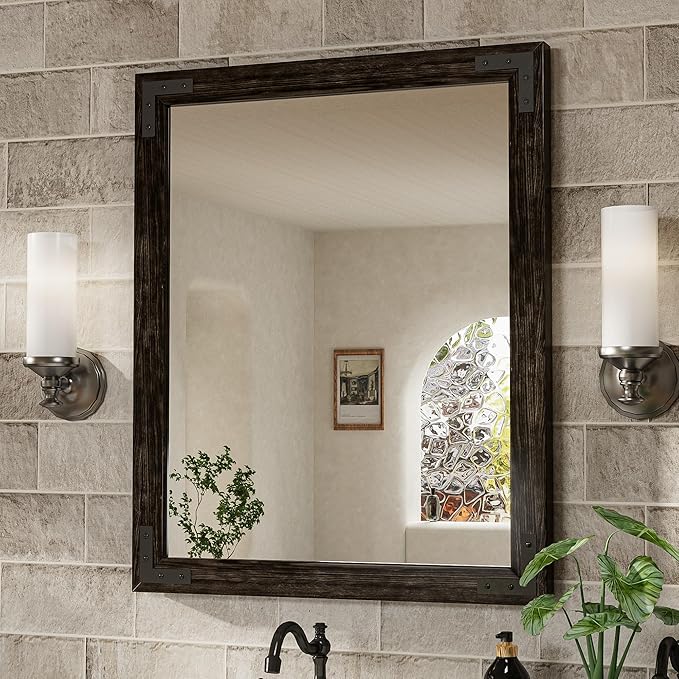 TETOTE 24 x 32 Black Wood Framed Mirror for Bathroom Wall/Bedroom/Living Room/Entryway Farmhouse Rustic Bathroom Vanity Mirror Waterproof (Horizontal/Vertical Mounted)