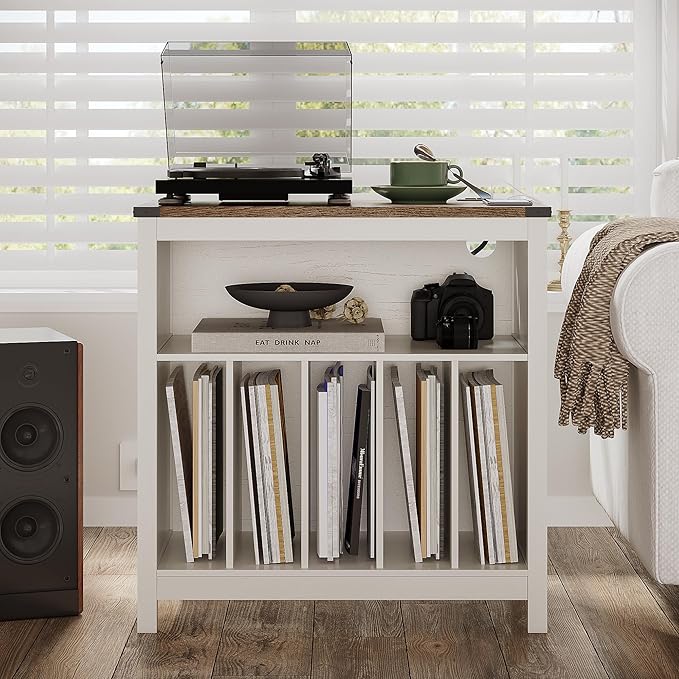 ChooChoo Large Record Player Stand with Charging Station & LED Light, Vinyl Record Holder hold up to 300 Albums, Farmhouse End Table for Bedroom, Living Room, Soft White