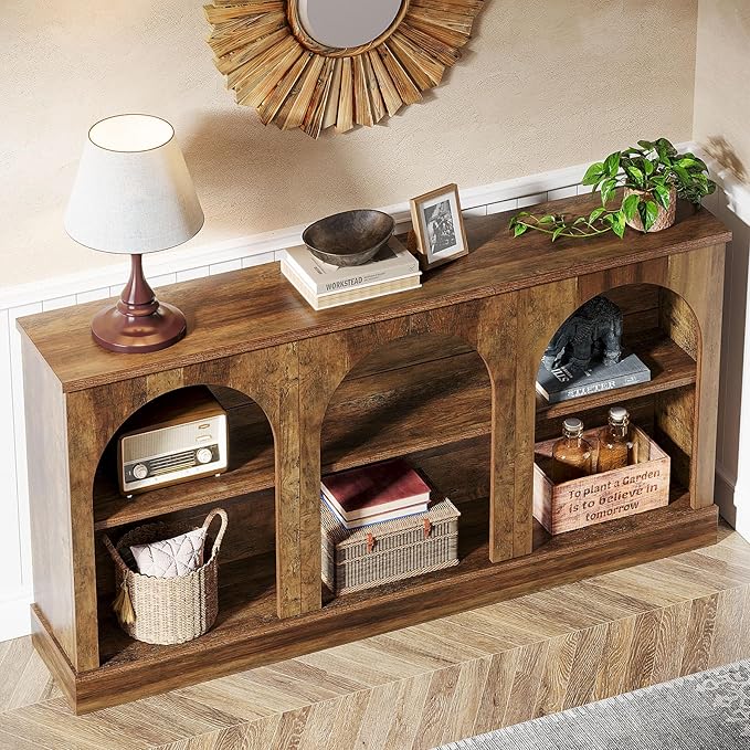 Tribesigns Farmhouse Console Table, 63-Inch Long Entryway Table with 3 Tier Storage, Wooden Rectangular Sofa Table Behind The Couch for Entrance, Hallway, Living Room, Brown