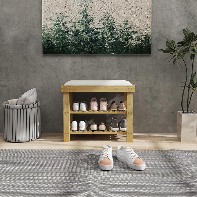 HOMCOM Bamboo Shoe Bench, 3-Tier Entryway Bench with Storage and Cushion, Shoe Organizer for Entryway, Hallway, Holds Up to 331 lbs, 23.6 x 11.4 x 19.3 Inches, Cream White