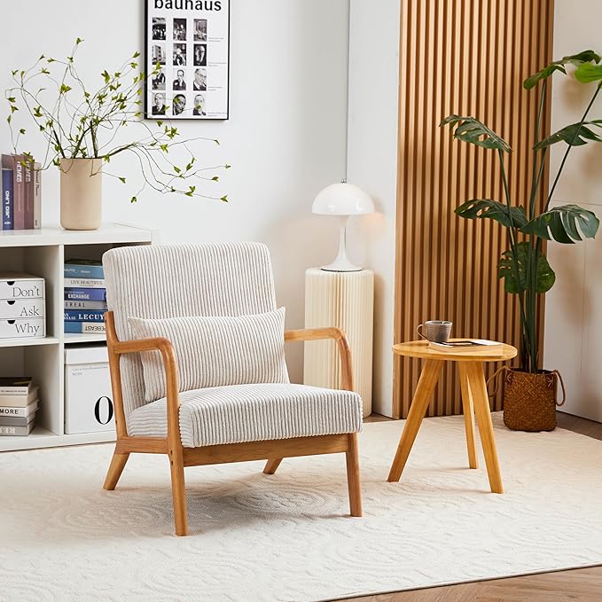 Ball & Cast Living Room Chair with Pillow,Mid-Century Modern Armchair w/Solid Wood Frame & Extra-Thick Backrest,Upholstered Reading Accent Chair for Bedroom,Beige