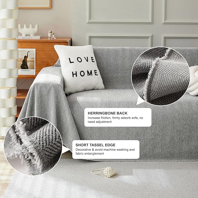 STACYPIK Soft Dark Gray Couch Cover for Pets, Herringbone Jacquard Sofa Covers for 3 Cushion Couch,Skin-Friendly Washable Sofa Covers for Loveseat, Non Slip Sectional Sofa Blanket Cover-91X150IN