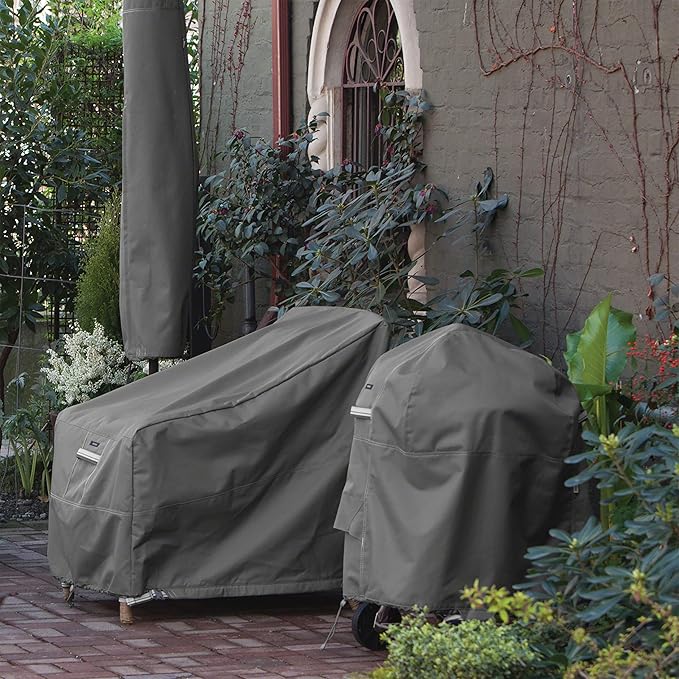 Classic Accessories Ravenna Water-Resistant 88 Inch Rectangular/Oval Patio Table & Chair Set Cover, Medium, Taupe, brown, Outdoor Table Cover