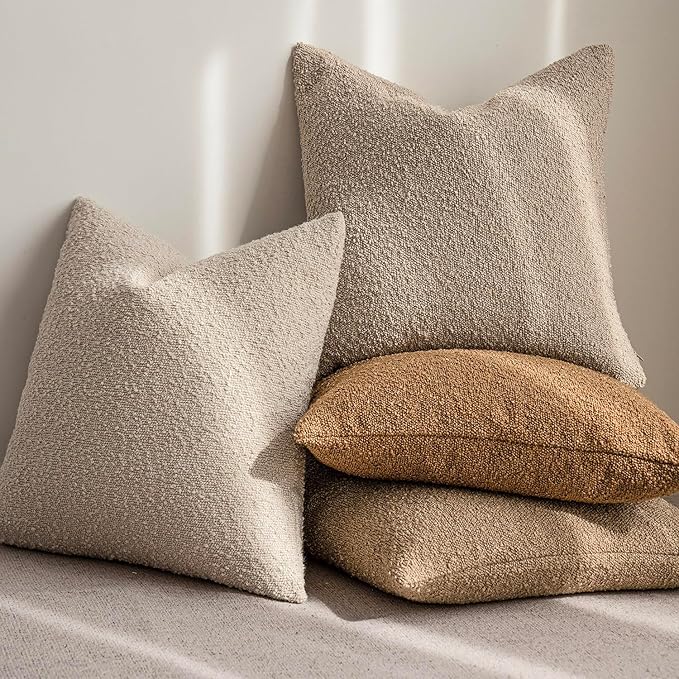 Foindtower Pack of 2, Decorative Textured Boucle Throw Pillow Covers Accent Solid Pillow Cases Cozy Soft Couch Cushion Case for Chair Sofa Bedroom Living Room Home Decor 22 x 22 Inch Rust Tobacco