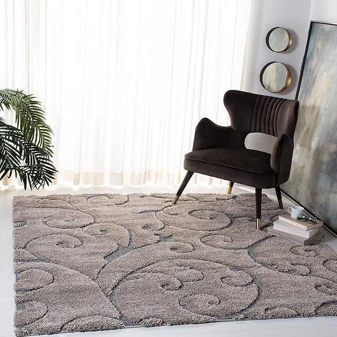 SAFAVIEH Florida Shag Collection Area Rug - 4' Square, Grey & Light Blue, Scroll Design, Non-Shedding & Easy Care, 1.2-inch Thick Ideal for High Traffic Areas in Living Room, Bedroom (SG455-1160)