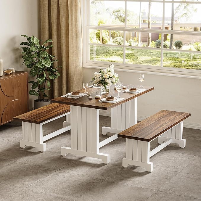 LITTLE TREE Dining Table Set for 4 with 2 Benches, Modern Kitchen Table with MDF Board, Space-Saving Dinette for Kitchen, Dining Room, Brown and White