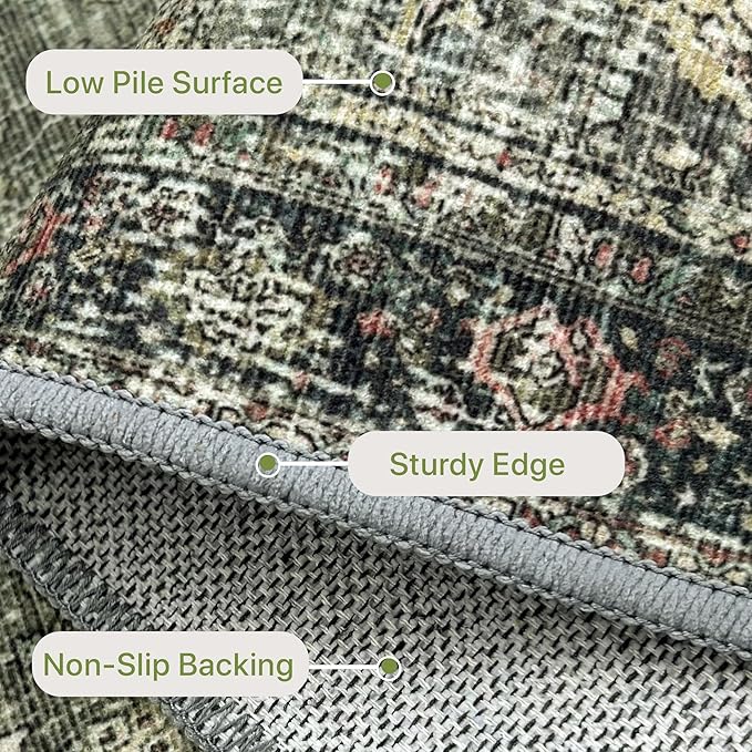 9X12 Area Rugs Machine Washable Rugs for Living Room, Vintage Boho Large Rugs for Bedroom Dining Room, Non Slip Indoor Soft Distressed Lightweight Thin Low Pile Carpet, Green