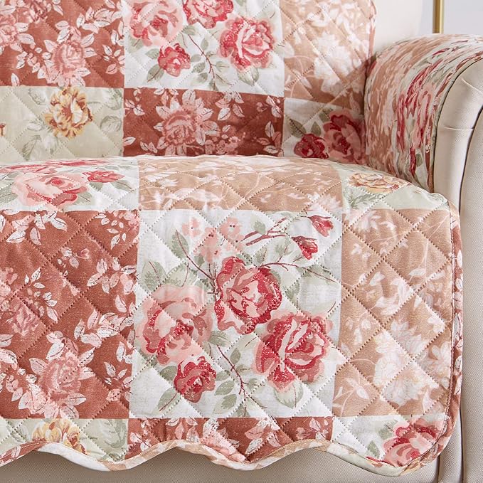 Great Bay Home Reversible Floral Patchwork Furniture Protector Scalloped Edge Stain Resistant Printed Furniture Protector Maribel Collection (Sofa, Burgundy/Taupe)