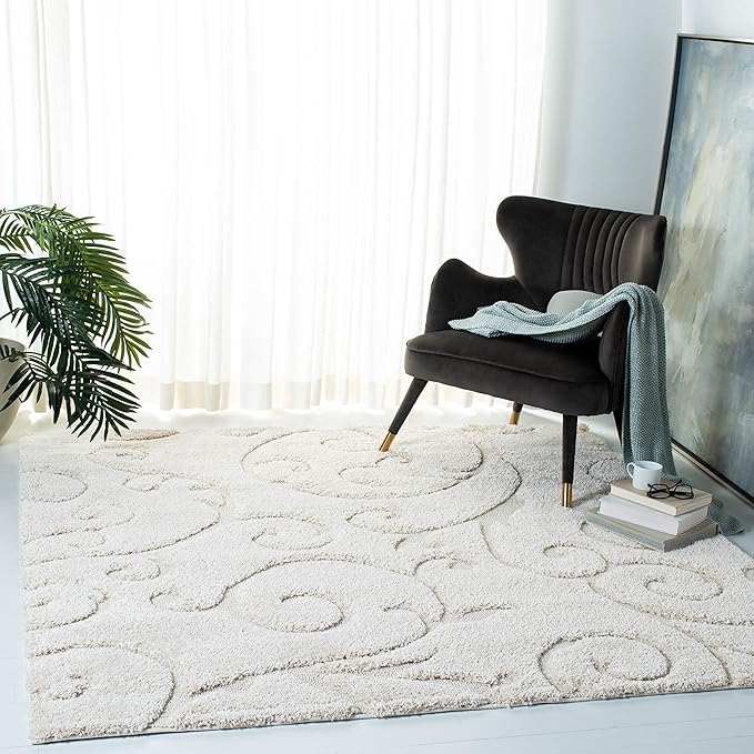 SAFAVIEH Florida Shag Collection Area Rug - 6'7" Square, Creme & Creme, Scroll Design, Non-Shedding & Easy Care, 1.2-inch Thick Ideal for High Traffic Areas in Living Room, Bedroom (SG455-1111)