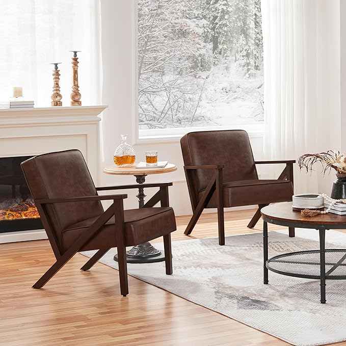 Yaheetech Accent Chair, Armchair with Strong Wood Frame, PU Leather Modern Retro Lounge Chair for Living Room/Lounge/Office/Reception Area, 2 Pieces, Dark Brown