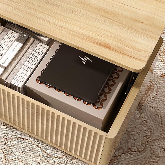 LYNCOHOME Fluted Lift Top Coffee Table with Hidden Compartment, Modern Center Table for Living Room, Home Office, Natural