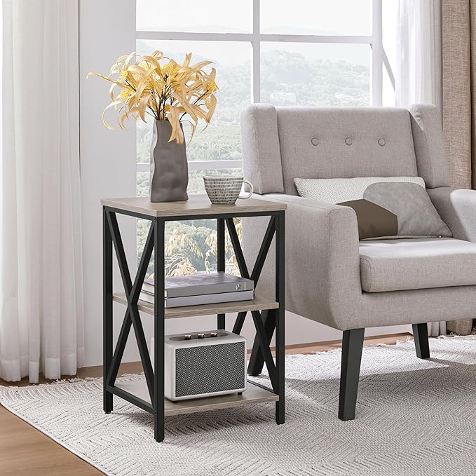 Yaheetech End Table Living Room, 3-Tier Side Table with Storage Shelves for Home Office, Industrial X Design Sofa Tables with Strong Metal Frame, Easy Assembly, Gray