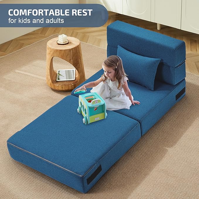 Folding Sofa Bed with Pillow- Convertible Chair Floor Couch & Sleeping Mattress, Foldable Memory Foam Sleeper for Living Room/Dorm/Guest Room/Home Office/Apartment/Loft, Single26, Navy Blue