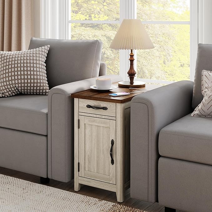 LINSY HOME Farmhouse End Table with Charging Station, Narrow Side Table for Living Room, Sofa Side Table with Drawer and Storage Cabinet, Small Nightstand for Home Office