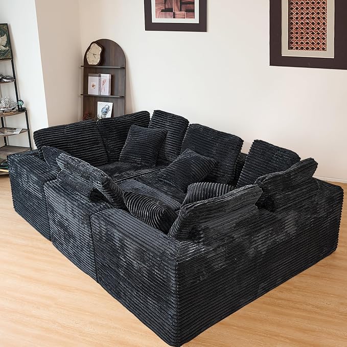 KEIKI 135" U Shape Sectional Sofa,6-Seater Modular Couch with Striped Corduroy Fabric for Living Room,Reversible Design