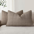 Foindtower Set of 2 Decorative Linen Check Throw Pillow Covers Neutral Farmhouse Lumbar Cushion Covers Modern Boho Home Decor for Sofa Chair Couch Bedroom Living Room Outdoor,12×20 Inch,Tan Taupe