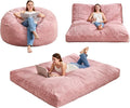 Hobestluk Bean Bag Chair Convertible Beanbag Chairs for Adults, 3 in 1 Bean Bags with Plush Chevron Cover, Adult Bean Bag Chair for Living Room, Bedroom (Pink, Queen)