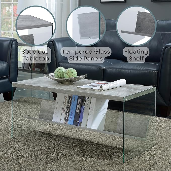 Convenience Concepts SoHo Modern Living Storage Shelf, Contemporary Coffee Table for Family Room, 40", Faux Birch/Glass