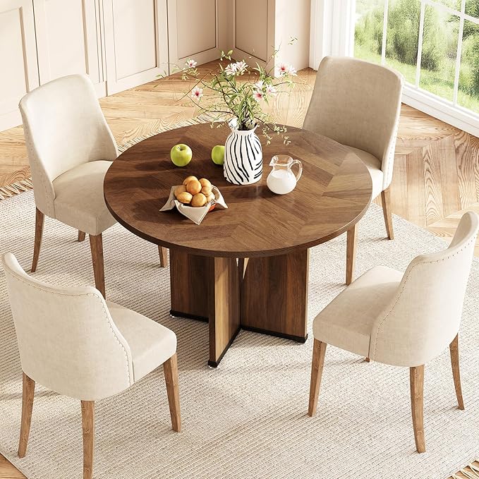 LITTLE TREE 39-Inch Round Dining Table for 4, Rustic Kitchen Table with X-Shaped Stable Pedestal, Farmhouse Dinner Table for Dining Room, Living Room, Dark Brown