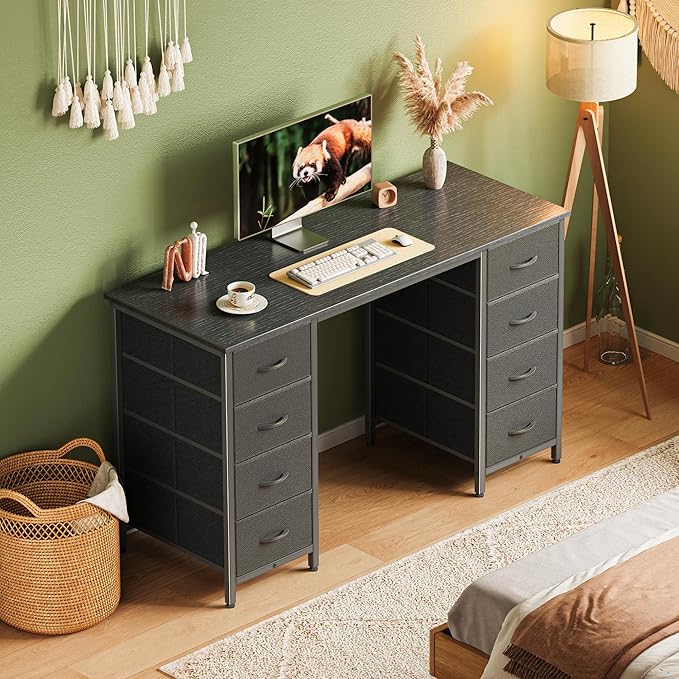 Huuger 47 Inch Computer Desk with 8 Fabric Drawers, Office Desk Work Desk for Home Office, Study, Gaming Desk with Drawers, Large Storage, Black
