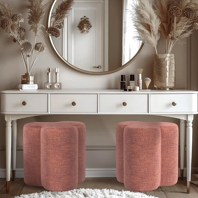 HomePop Upholstered Clover Shaped Ottoman (No Lid, Seat Only) Home Décor | Foot Rest Pouf – Pink Chenille