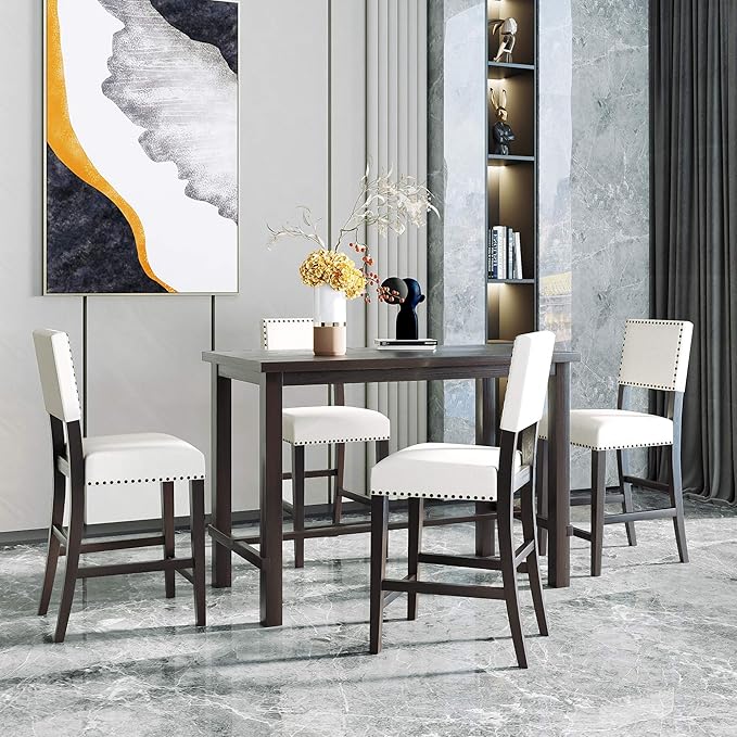 Ball & Cast 5 Piece Dining Table Set,4 Upholstered Chairs with Curved Backrests,Wooden Living Room Furniture W/ 52" Rectangle Kitchen Desk,for Restaurant,Home Bistro,Espresso and Beige