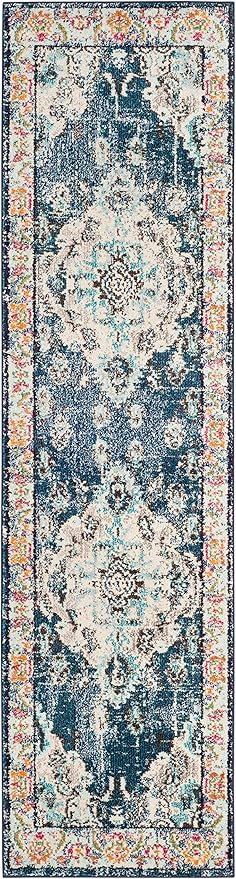 SAFAVIEH Monaco Collection Runner Rug - 2'2" x 12', Navy & Light Blue, Boho Chic Medallion Distressed Design, Non-Shedding & Easy Care, Ideal for High Traffic Areas in Living Room, Bedroom (MNC243N)