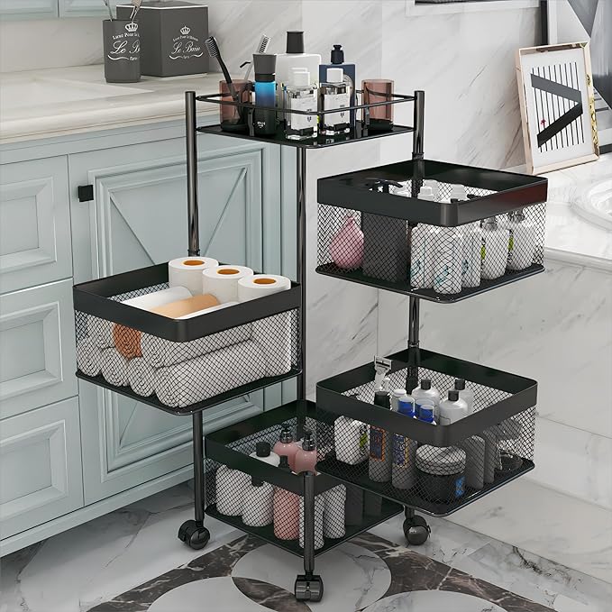Rotating Kitchen Storage Rack，Bathroom Shelf，Kitchen Organization and Storage，Bathroom Storage Organizer，Fruit Basket，Rolling Carts with Wheels(Black, 4 Tier-Square)