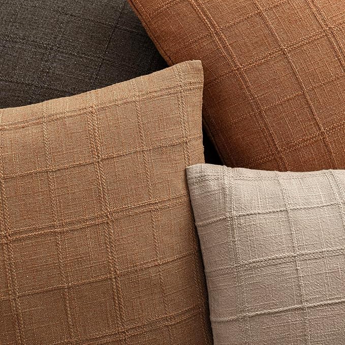 Foindtower Set of 2 Decorative Linen Check Throw Pillow Covers Neutral Farmhouse Vintage Cushion Covers Modern Boho Home Decor for Sofa Chair Couch Bedroom Living Room Outdoor,16×16 Inch,Brick