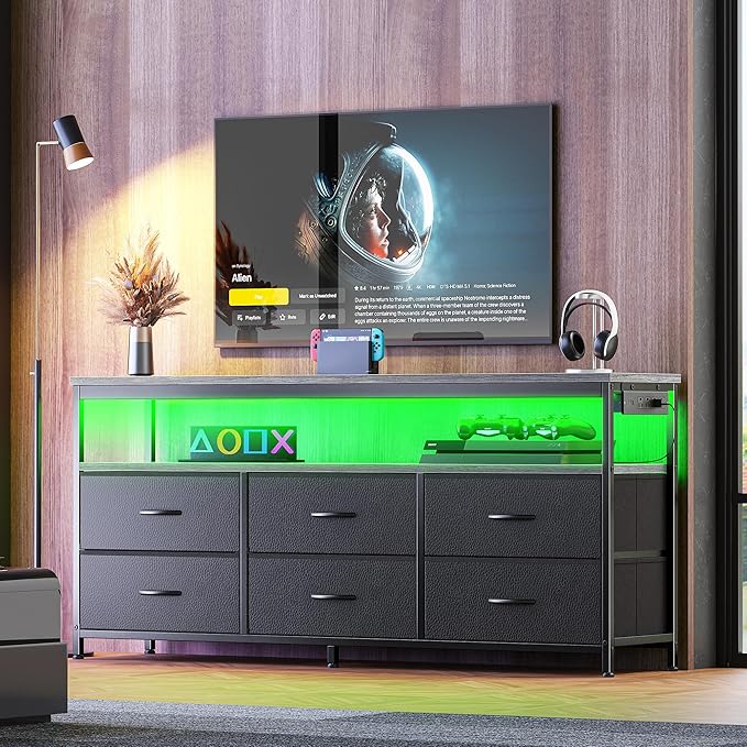Huuger LED TV Stand for Bedroom, 55 Inch Fabric Dresser with Power Outlets, Entertainment Center for 60, 55, 50 Inch TV, 6 Drawer Dresser for Bedroom, Chest of Drawers with Shlef, PU Leather, Grey