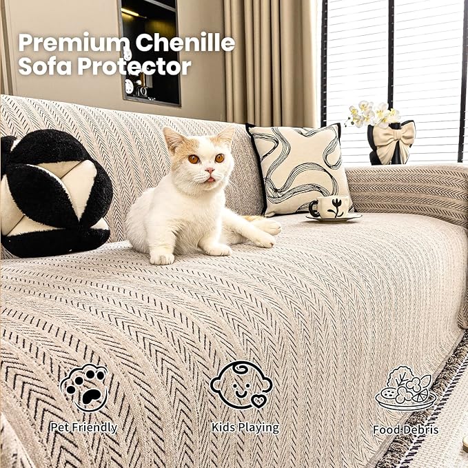Nobildonna Sofa Cover Washable Soft Thicken Chenille Couch Cover with Tassel,Waterproof Sofa Slipcover for 2-3 Cushion Couch,Sectional Sofa,L-Shaped Furniture Protector Pet-Friendly,Brown 91"x118"