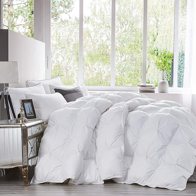 Luxurious All-Season Goose Down Feather Fiber Comforter Super King Size Duvet Insert (120x120), Exquisite Pinch Pleat Design- White, Premium Baffle Box, 100% Egyptian Cotton Cover, 85 oz. Fill Weight