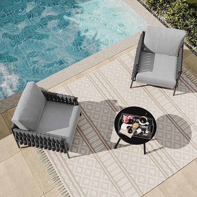 EAST OAK 3-Piece Patio Furniture Set | Armchairs & Coffee Table | Outdoor Furniture with Cushions | Deep Seating Modern Conversation Set | Garden, Porch, Balcony & Backyard | Misty Grey